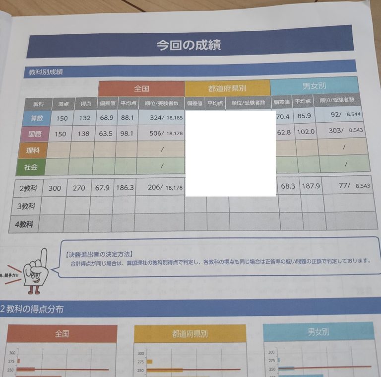 全国統一小学生テスト 小学3年生 2020年6月28日の実際の点数と順位